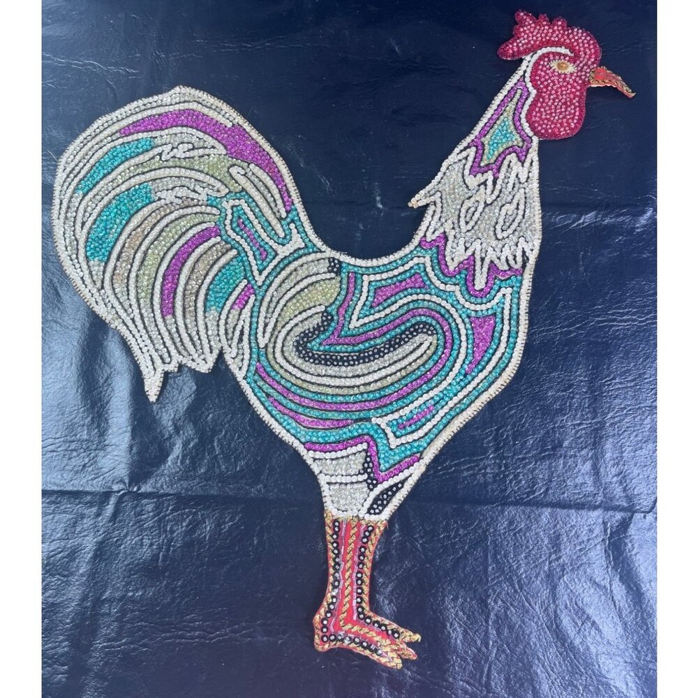 Huge Handmade Beaded Rooster Chicken Sequins 23" Tall Applique  Sparkle Colorful